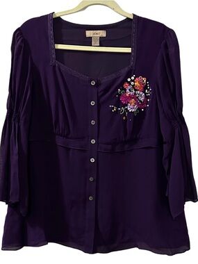 Anthropologie i.e. Silk Embroidered Boho Blouse Purple Bell Sleeve Top L NWT